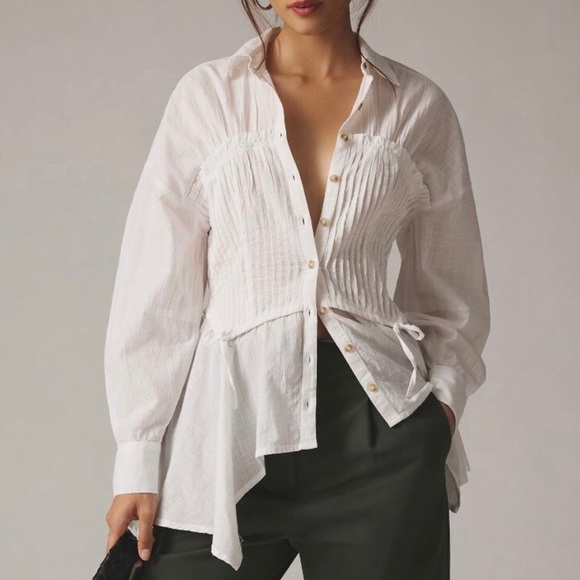 Pilcro White Corset Buttondown Pleated Peplum Victorian Top Shirt XXS - Picture 1 of 6